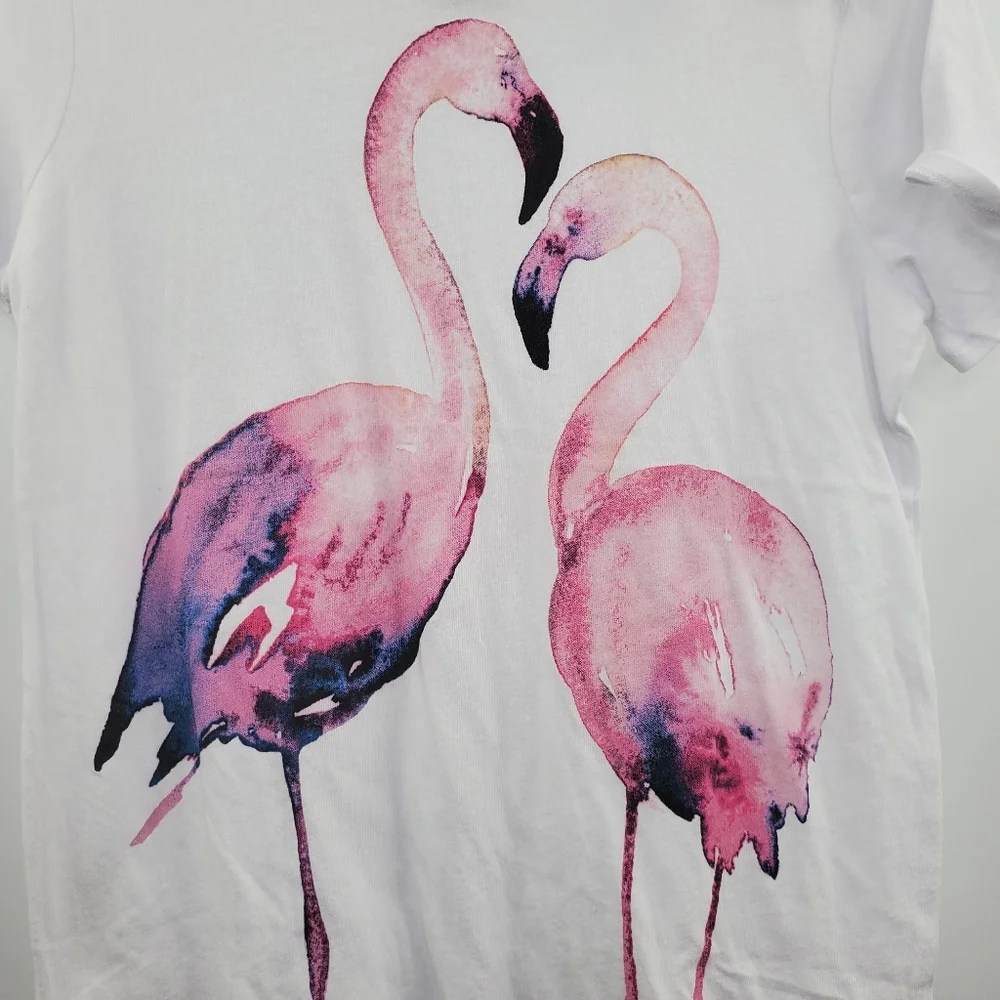 Chaser Flamingoes Big Graphic Tee Cotton Shirt White NEW - Picture 2 of 6